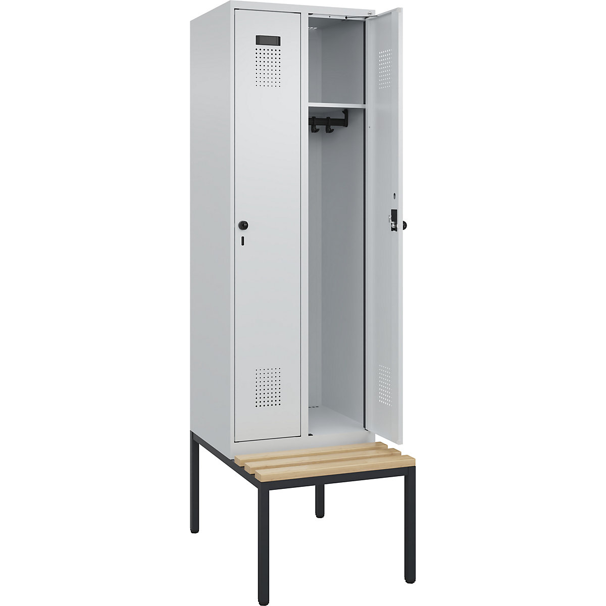 Vestiaire Evolo PLUS avec banc, 2 compartiments, gris clair / gris clair, l 600 mm, loqueteau, avec banc en dessous, hêtre-0