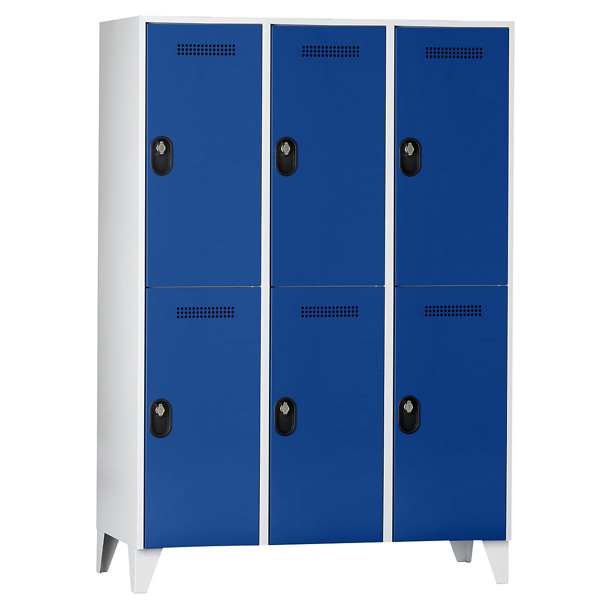 Wolf – Penderie, hauteur compartiments 820 mm, h x l x p 1850 x 1200 x 500 mm, largeur compartiments 400 mm, coloris corps / porte gris clair / bleu gentiane