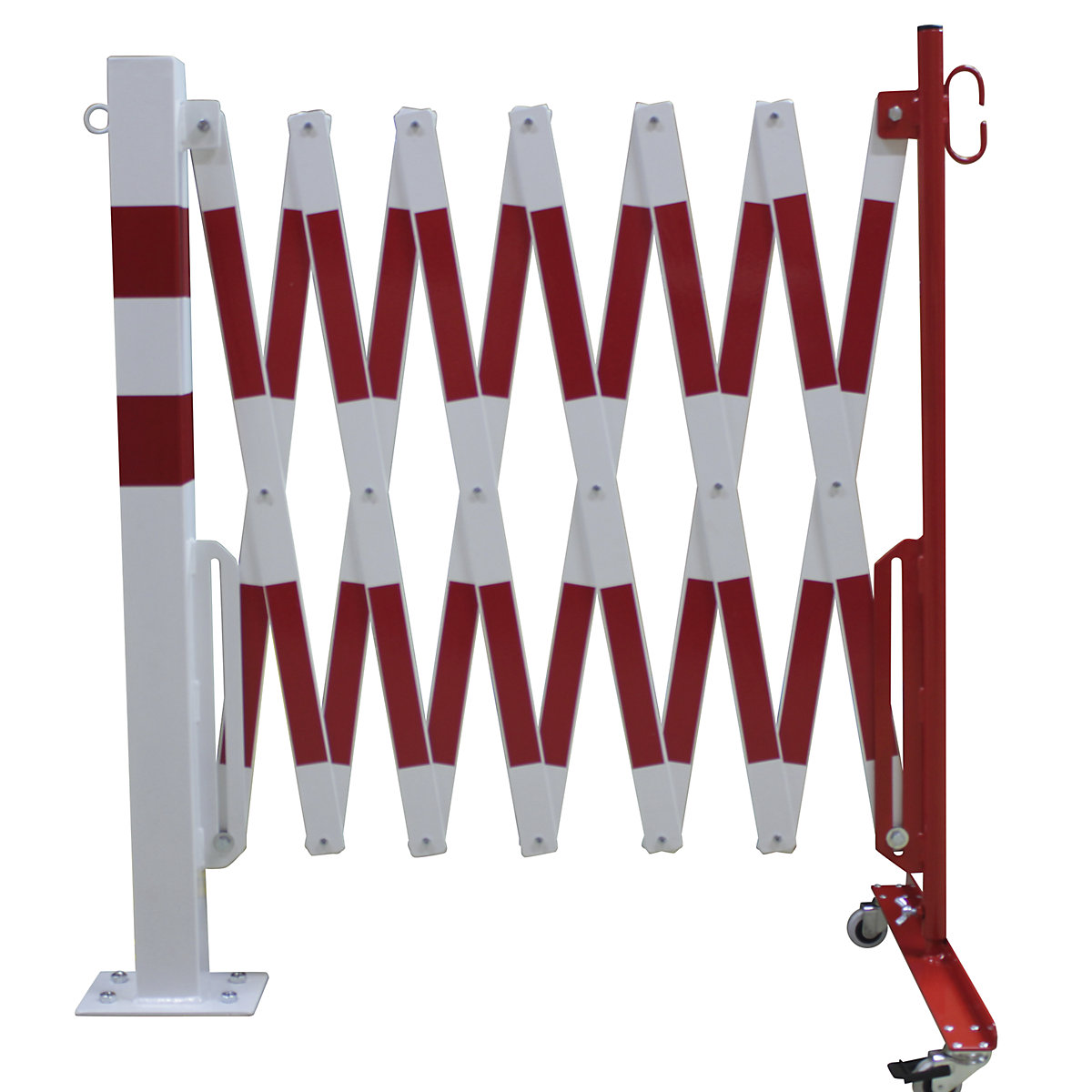 Stâlp de blocare cu grilaj de îngrădire tip foarfece, țeavă rectangulară 70 x 70 mm, pentru fixare cu dibluri, reflectorizantă, roșu / alb, lungime max. 4000 mm
