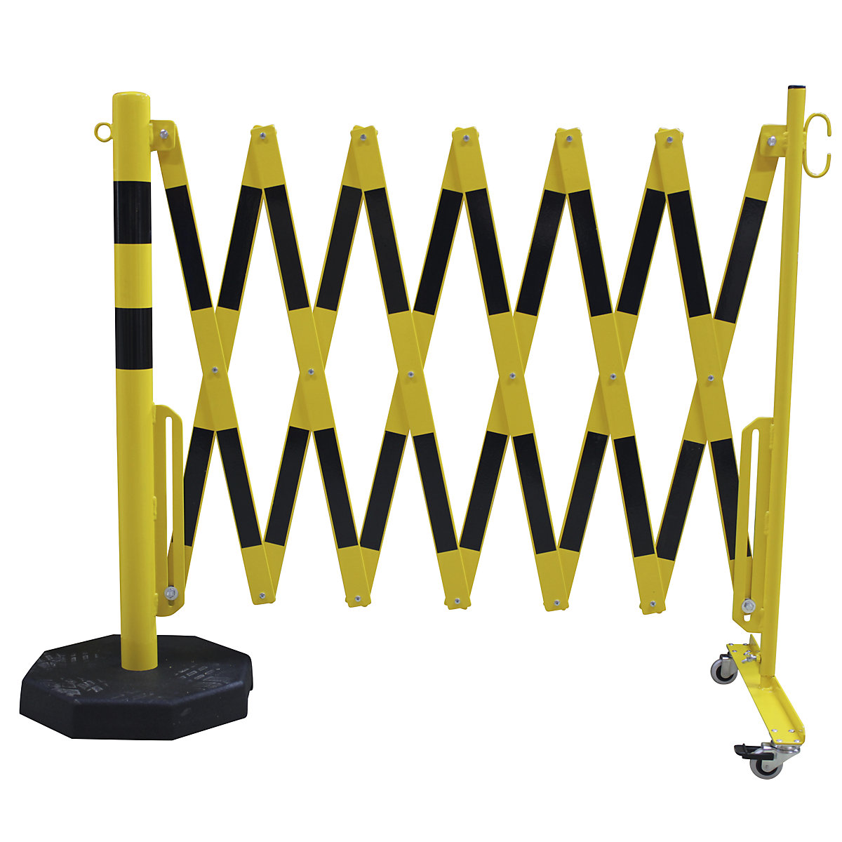Stâlp de blocare cu grilaj de îngrădire tip foarfece – CrashStop, țeavă tubulară Ø 60 mm, cu bază mobilă, galben / negru, lungime max. 4000 mm-0