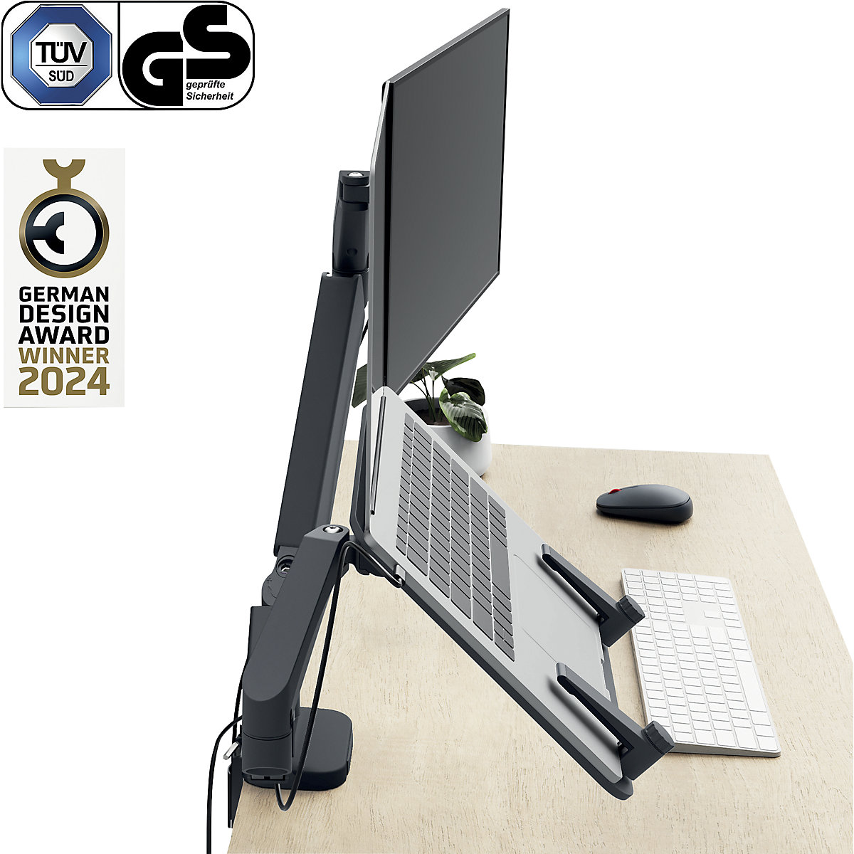 Ergo helytakarékos dupla monitortartó kar laptoptartóval – Leitz (Termék képe 2)-1