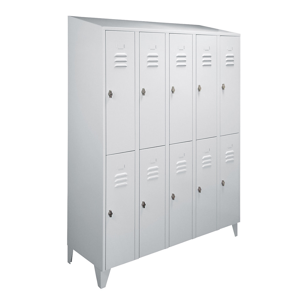 Berlin 2 kétszintes öltözőszekrény – Wolf, 5 fülke, világosszürke, szélesség 1500 mm, ferde tetőforma-20