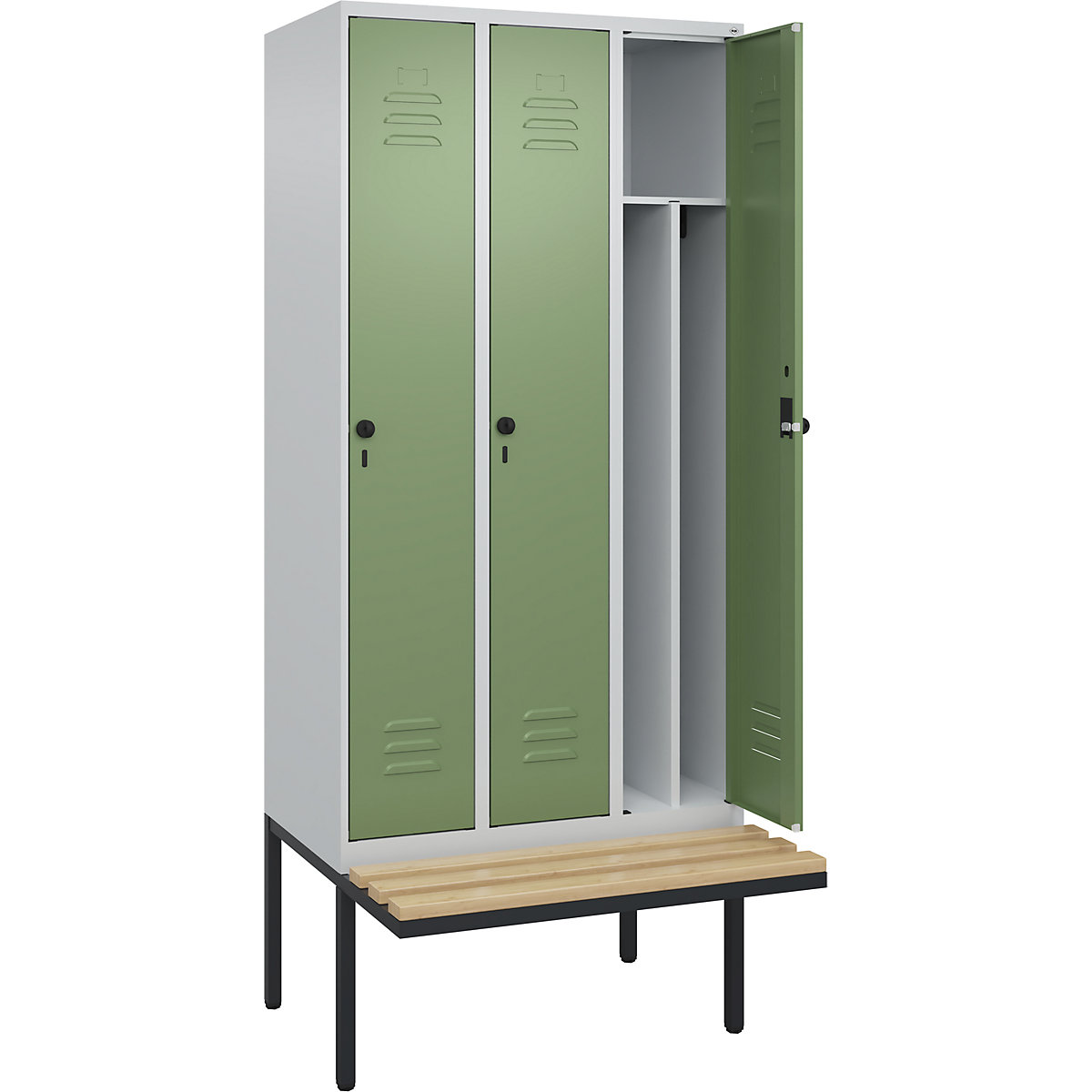 Classic PLUS öltözőszekrény utcai és munkaruházat tárolásához, paddal, keskeny – C+P, 3 fülke, rövidített válaszfal, világosszürke / rezedazöld, szé 900 mm, biztonsági forgóretesz, túlnyúló, bükk keményfa-60