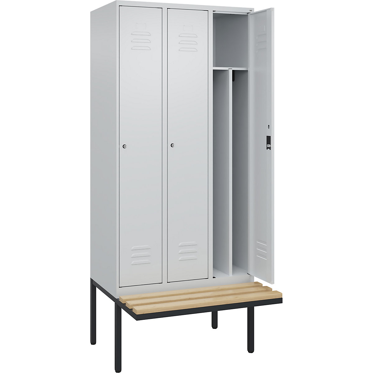 Classic PLUS öltözőszekrény utcai és munkaruházat tárolásához, paddal, keskeny – C+P, 3 fülke, rövidített válaszfal, világosszürke, szé 900 mm, hengerzár, túlnyúló, bükk keményfa-66