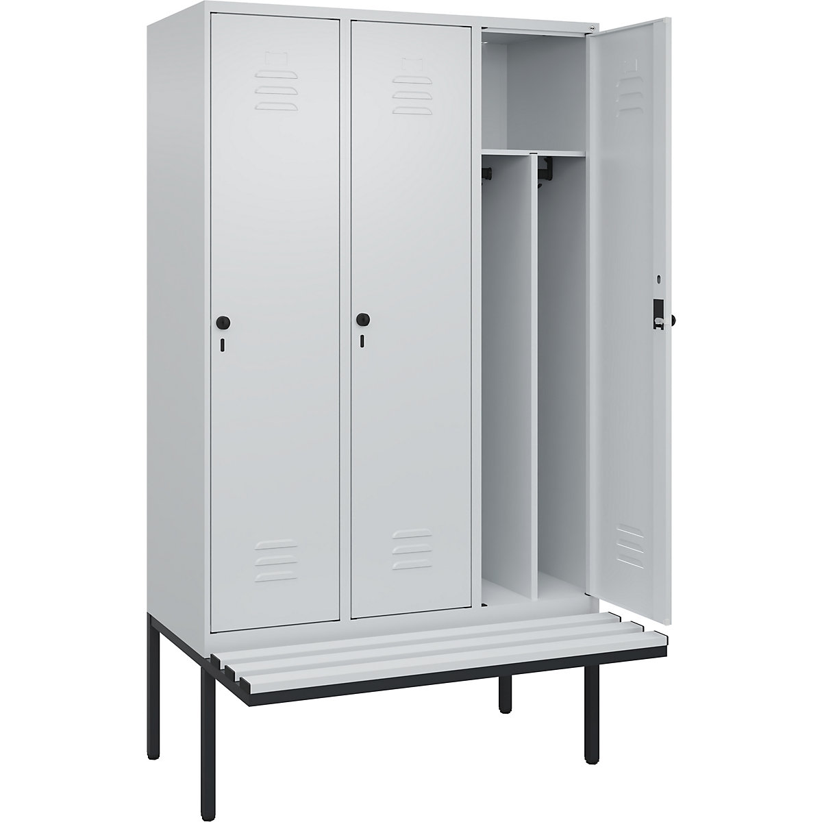Classic PLUS öltözőszekrény utcai és munkaruházat tárolásához, paddal, keskeny – C+P, 3 fülke, rövidített válaszfal, világosszürke, szé 1200 mm, biztonsági forgóretesz, túlnyúló, műanyag-177