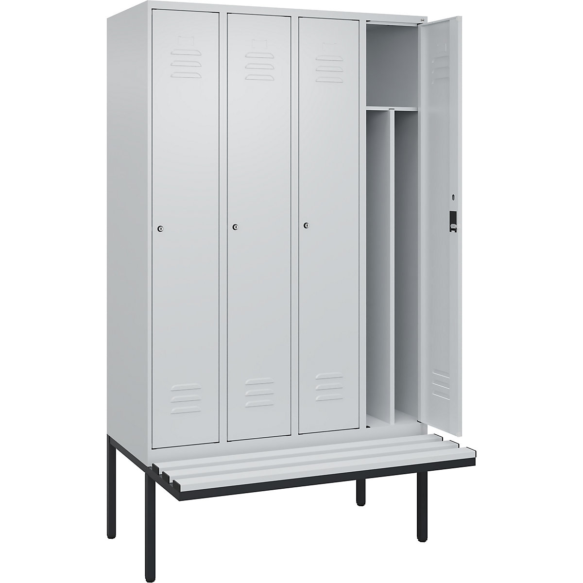 Classic PLUS öltözőszekrény utcai és munkaruházat tárolásához, paddal, keskeny – C+P, 4 fülke, rövidített válaszfal, világosszürke, szé 1200 mm, hengerzár, túlnyúló, műanyag-176