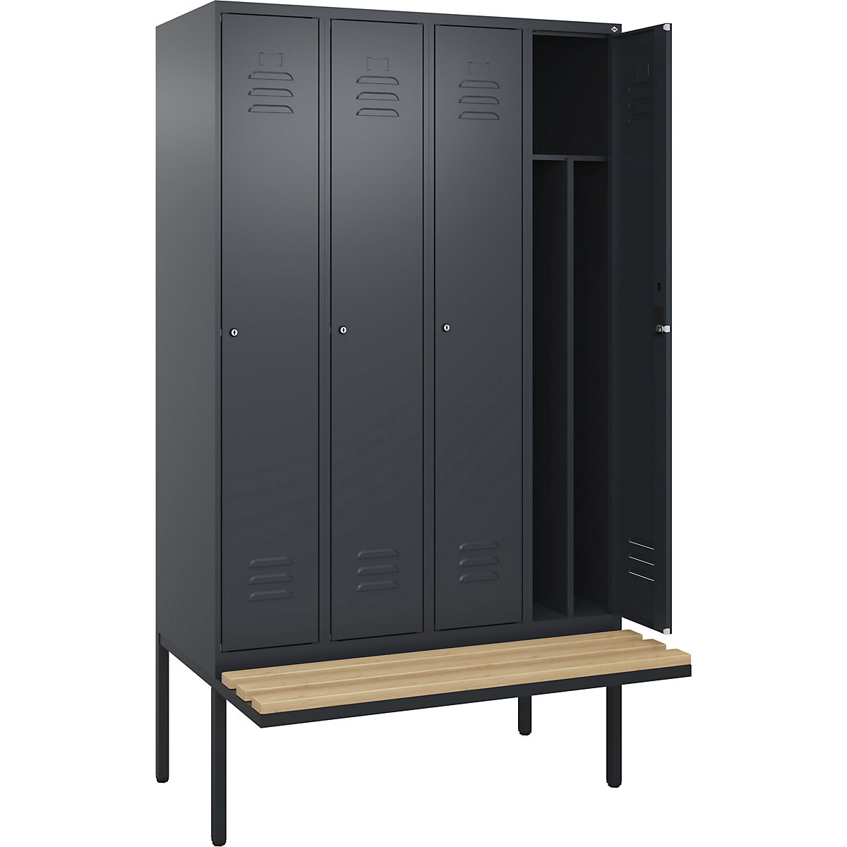 Classic PLUS öltözőszekrény utcai és munkaruházat tárolásához, paddal, keskeny – C+P, 4 fülke, rövidített válaszfal, szürke, szé 1200 mm, hengerzár, túlnyúló, bükk keményfa-122
