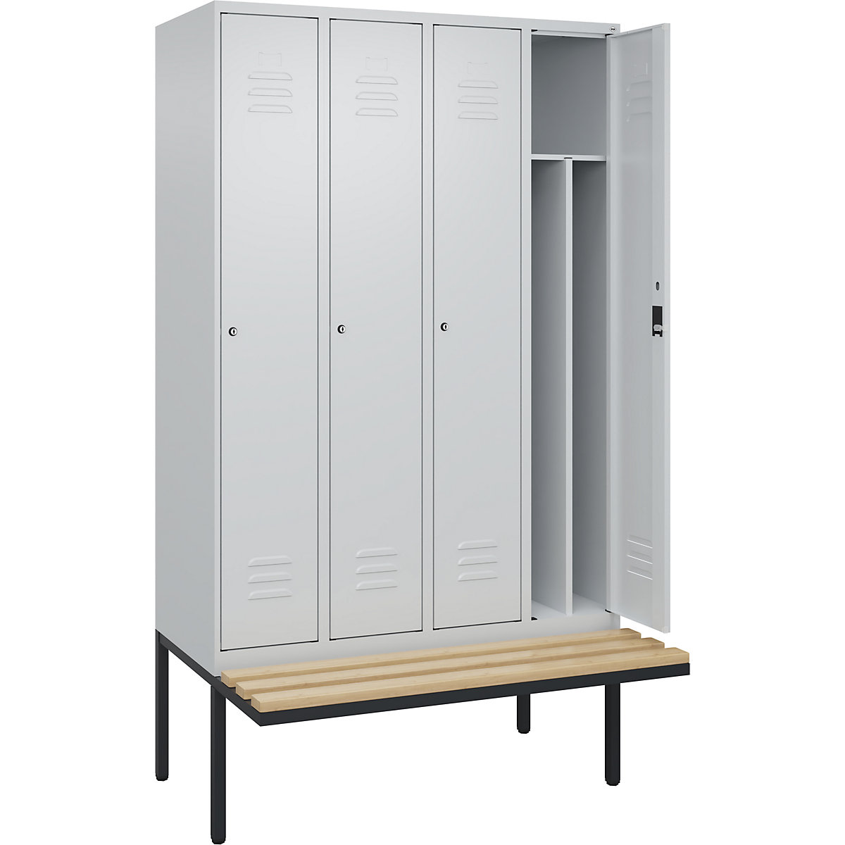 Classic PLUS öltözőszekrény utcai és munkaruházat tárolásához, paddal, keskeny – C+P, 4 fülke, rövidített válaszfal, világosszürke, szé 1200 mm, hengerzár, túlnyúló, bükk keményfa-206