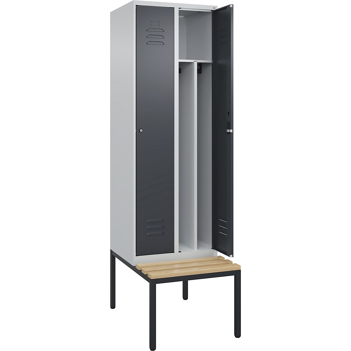 Classic PLUS öltözőszekrény utcai és munkaruházat tárolásához, paddal, keskeny – C+P, 2 fülke, rövidített válaszfal, világosszürke / szürke, szé 600 mm, hengerzár, alátámasztott, bükk keményfa-123