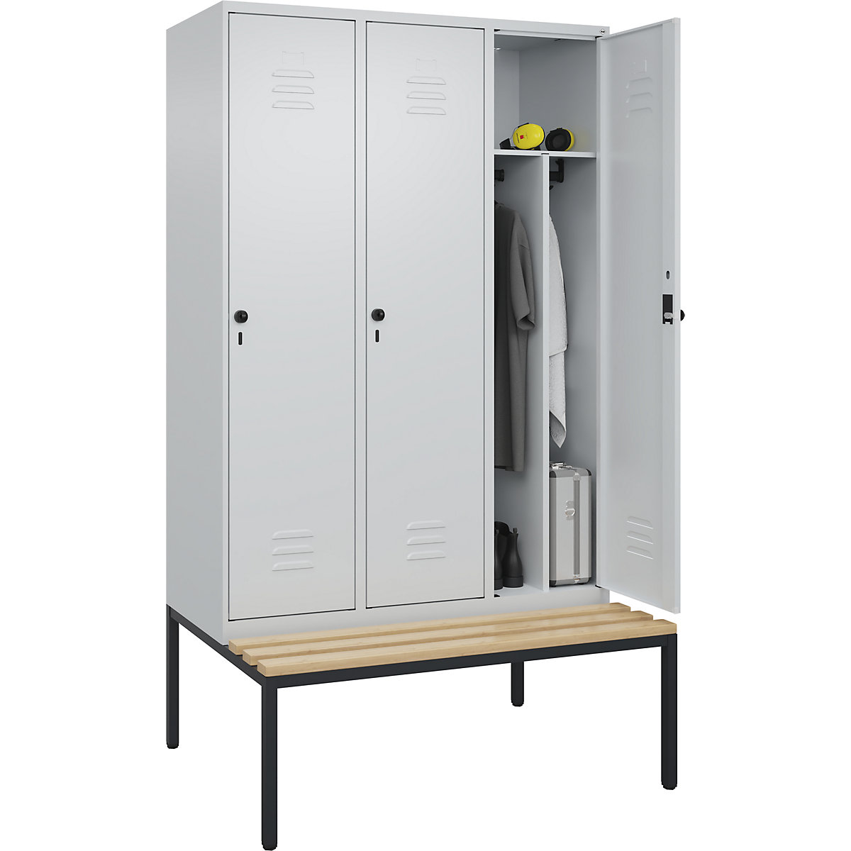 Classic PLUS öltözőszekrény utcai és munkaruházat tárolásához, paddal, keskeny – C+P, 3 fülke, rövidített válaszfal, világosszürke, szé 1200 mm, biztonsági forgóretesz, alátámasztott, bükk keményfa-32