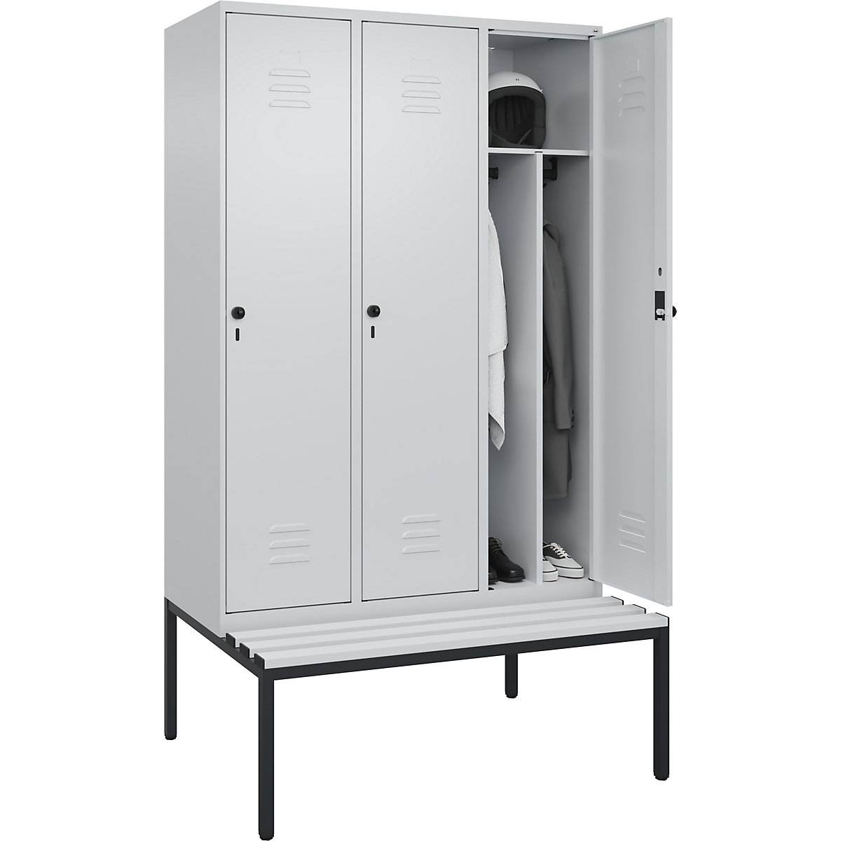 Classic PLUS öltözőszekrény utcai és munkaruházat tárolásához, paddal, keskeny – C+P, 3 fülke, rövidített válaszfal, világosszürke, szé 1200 mm, biztonsági forgóretesz, alátámasztott, műanyag-36