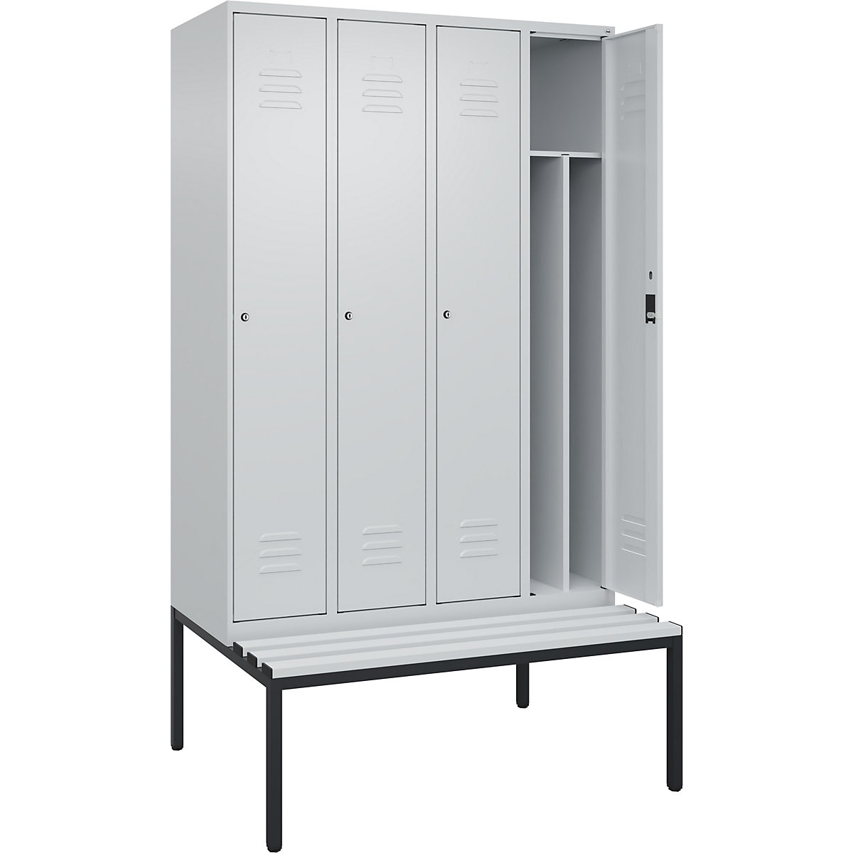 Classic PLUS öltözőszekrény utcai és munkaruházat tárolásához, paddal, keskeny – C+P, 4 fülke, rövidített válaszfal, világosszürke, szé 1200 mm, hengerzár, alátámasztott, műanyag-22