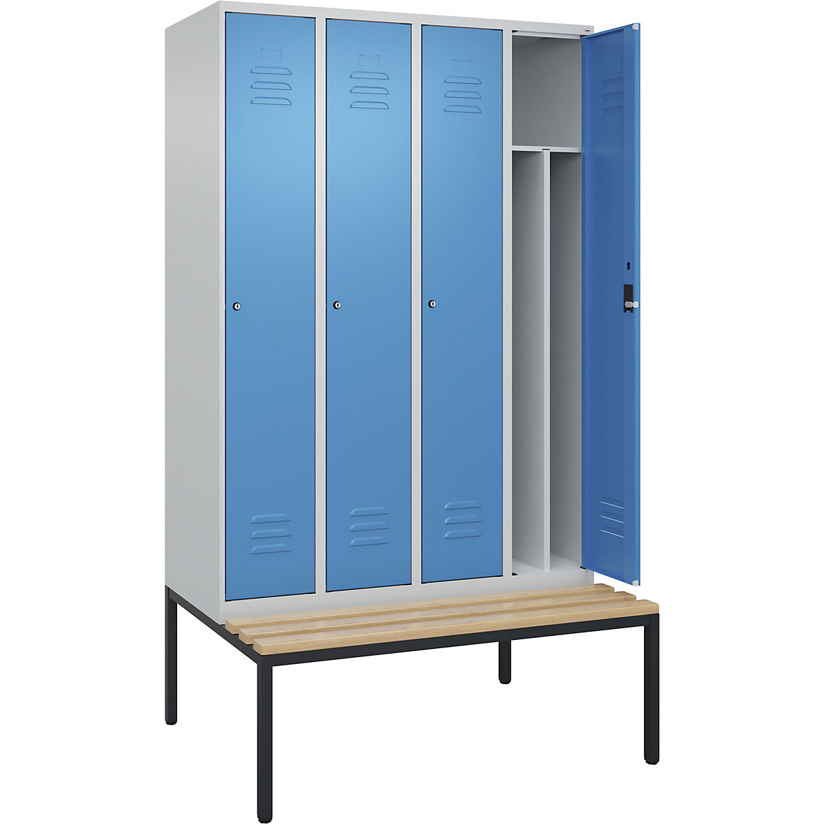 Classic PLUS öltözőszekrény utcai és munkaruházat tárolásához, paddal, keskeny – C+P, 4 fülke, rövidített válaszfal, világosszürke / világoskék, szé 1200 mm, hengerzár, alátámasztott, bükk keményfa-292