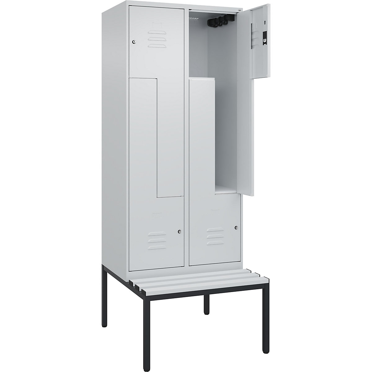 Classic PLUS Z-rekeszes öltözőszekrény paddal – C+P, 2 fülke, világosszürke, szé 800 mm, hengerzár, alátámasztott, műanyag-36