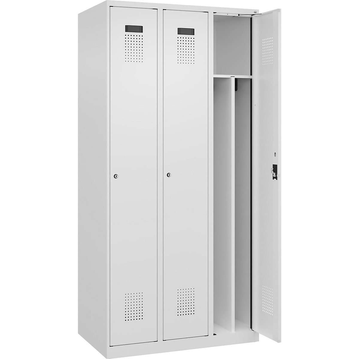 Evolo PLUS öltözőszekrény utcai és munkaruházat tárolásához, keskeny, 3 fülke, rövidített válaszfal, fehér, szé 900 mm, csúszótalpakkal, hengerzárral-96