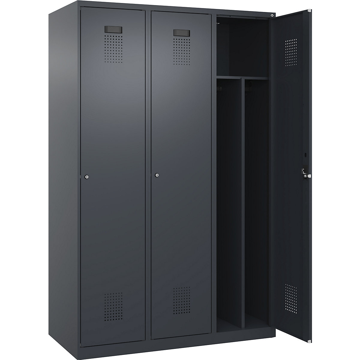 Evolo PLUS öltözőszekrény utcai és munkaruházat tárolásához, keskeny, 3 fülke, rövidített válaszfal, szürke, szé 1200 mm, csúszótalpakkal, hengerzárral-115