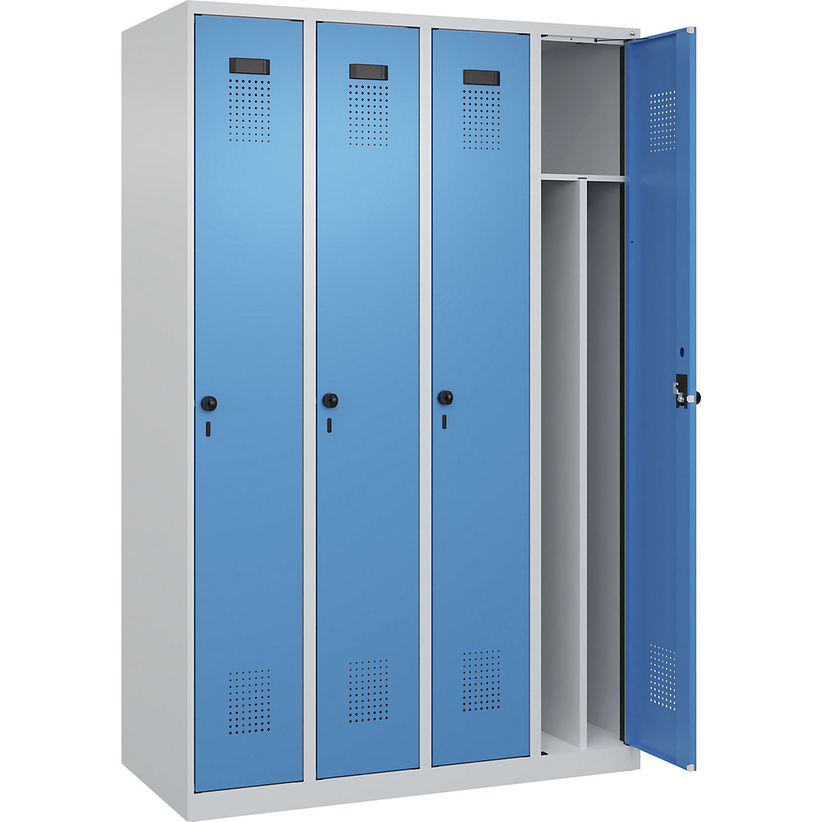 Evolo PLUS öltözőszekrény utcai és munkaruházat tárolásához, keskeny, 4 fülke, rövidített válaszfal, világosszürke / világoskék, szé 1200 mm, csúszótalpakkal, biztonsági forgóretesszel-136