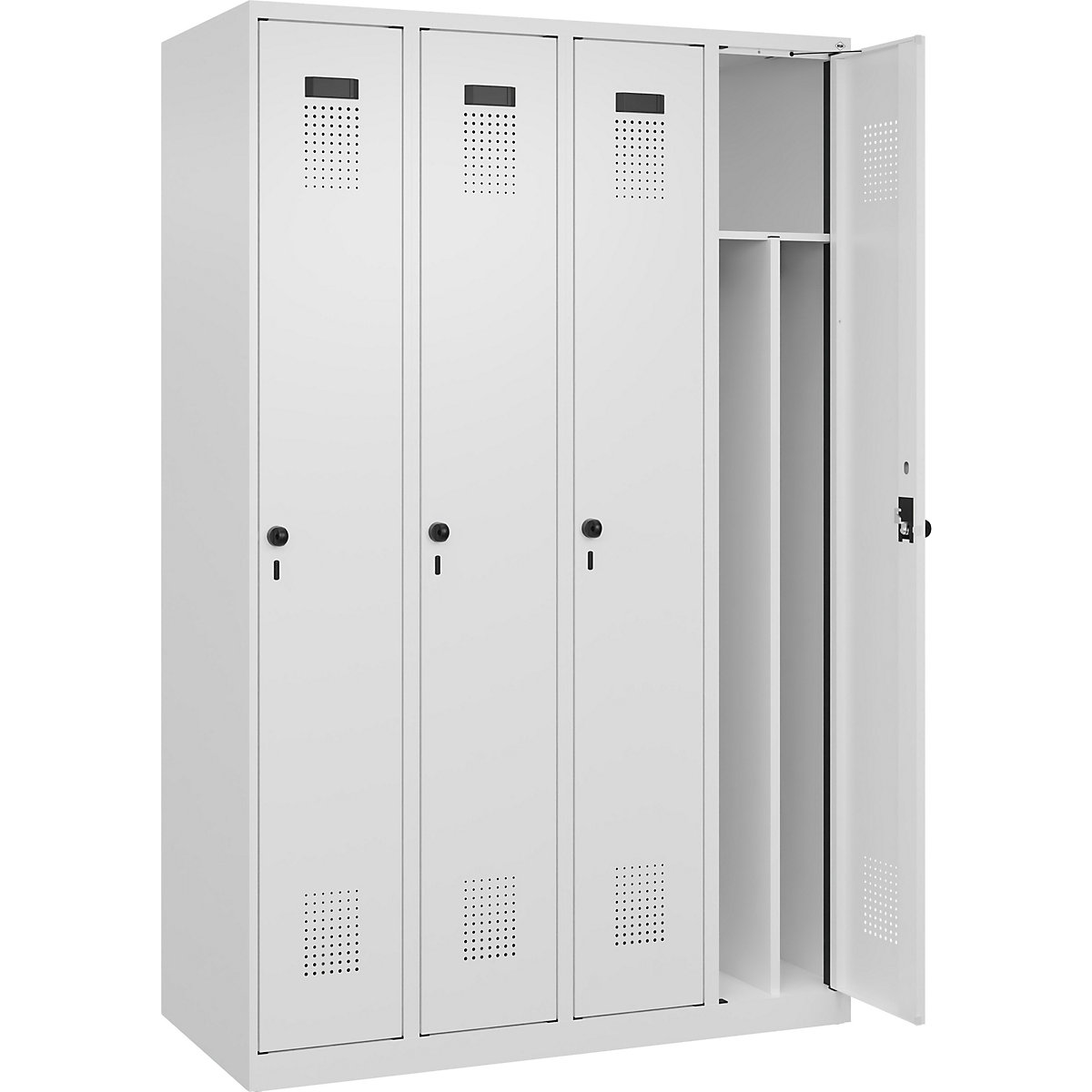 Evolo PLUS öltözőszekrény utcai és munkaruházat tárolásához, keskeny, 4 fülke, rövidített válaszfal, fehér, szé 1200 mm, csúszótalpakkal, biztonsági forgóretesszel-56