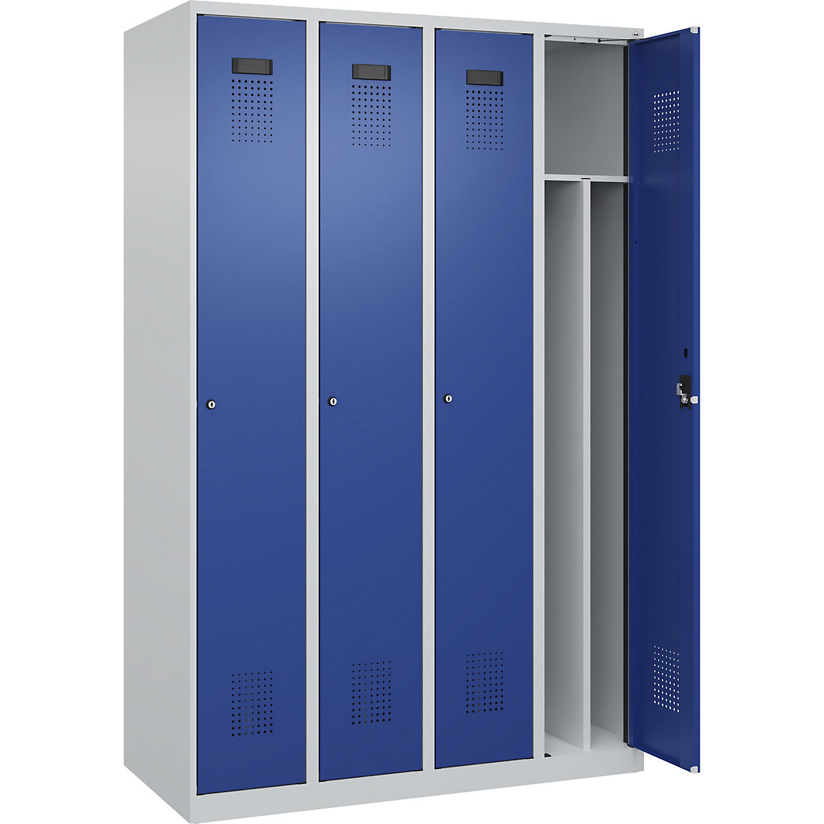 Evolo PLUS öltözőszekrény utcai és munkaruházat tárolásához, keskeny, 4 fülke, rövidített válaszfal, világosszürke / enciánkék, szé 1200 mm, csúszótalpakkal, hengerzárral-57