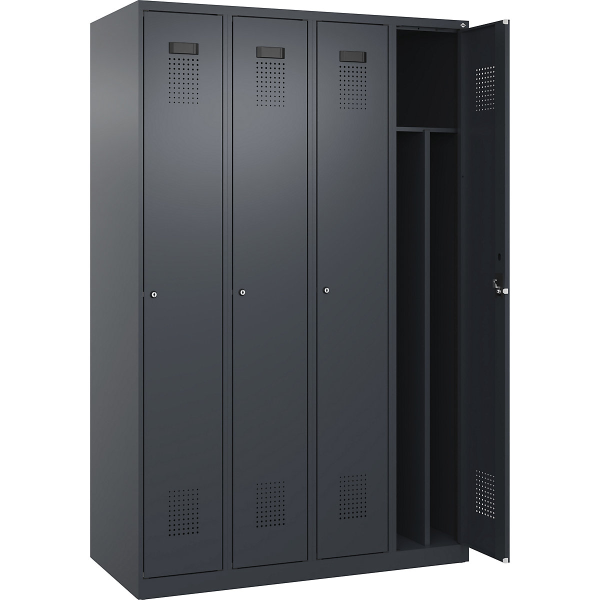 Evolo PLUS öltözőszekrény utcai és munkaruházat tárolásához, keskeny, 4 fülke, rövidített válaszfal, szürke, szé 1200 mm, csúszótalpakkal, hengerzárral-64