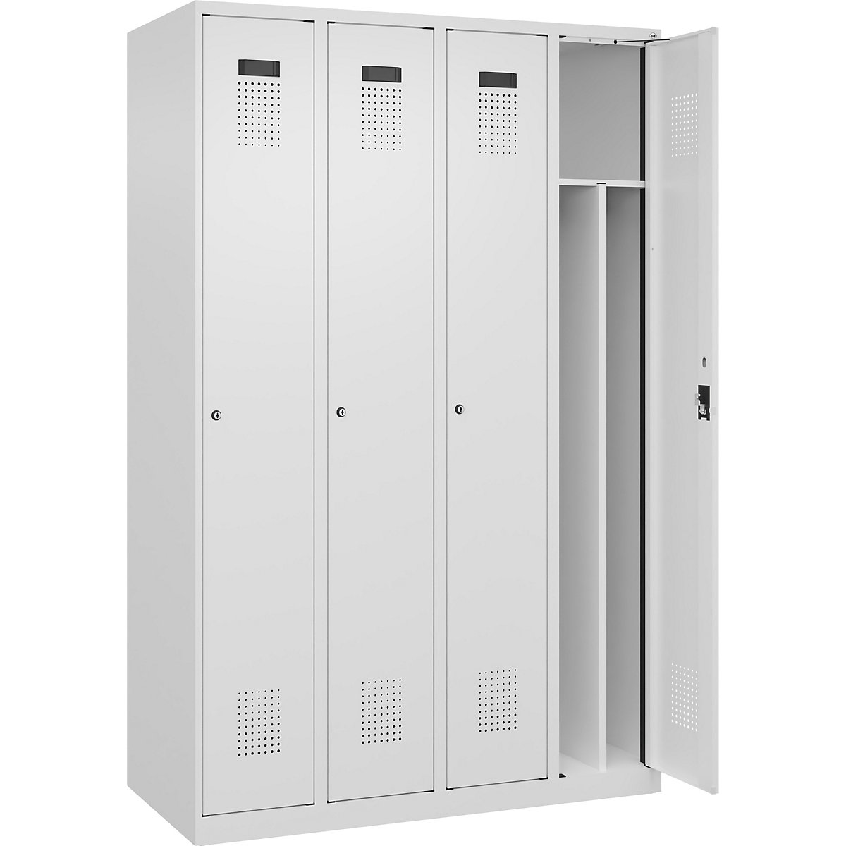 Evolo PLUS öltözőszekrény utcai és munkaruházat tárolásához, keskeny, 4 fülke, rövidített válaszfal, fehér, szé 1200 mm, csúszótalpakkal, hengerzárral-93