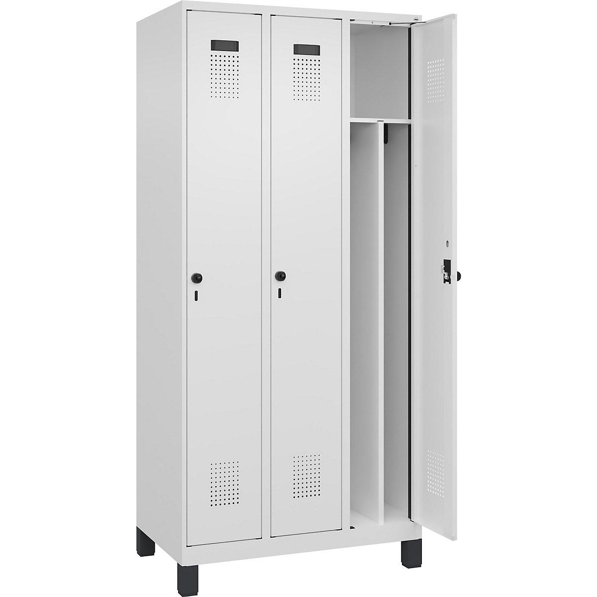 Evolo PLUS öltözőszekrény utcai és munkaruházat tárolásához, keskeny, 3 fülke, rövidített válaszfal, fehér, szé 900 mm, széles lábakkal, biztonsági forgóretesszel-135