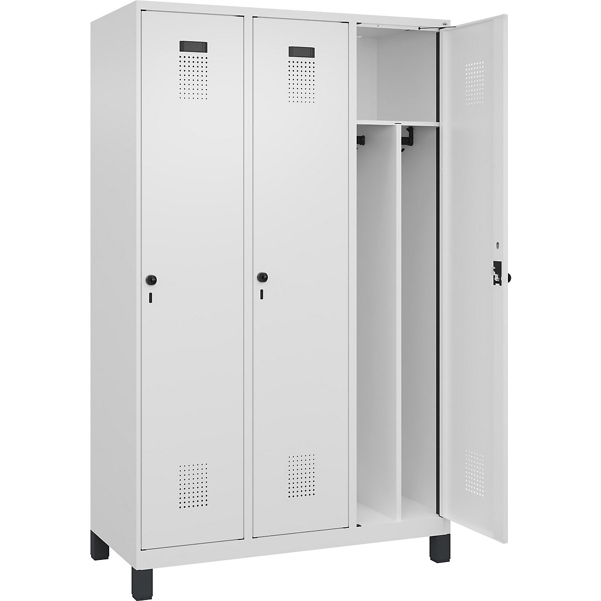 Evolo PLUS öltözőszekrény utcai és munkaruházat tárolásához, keskeny, 3 fülke, rövidített válaszfal, fehér, szé 1200 mm, széles lábakkal, biztonsági forgóretesszel-175