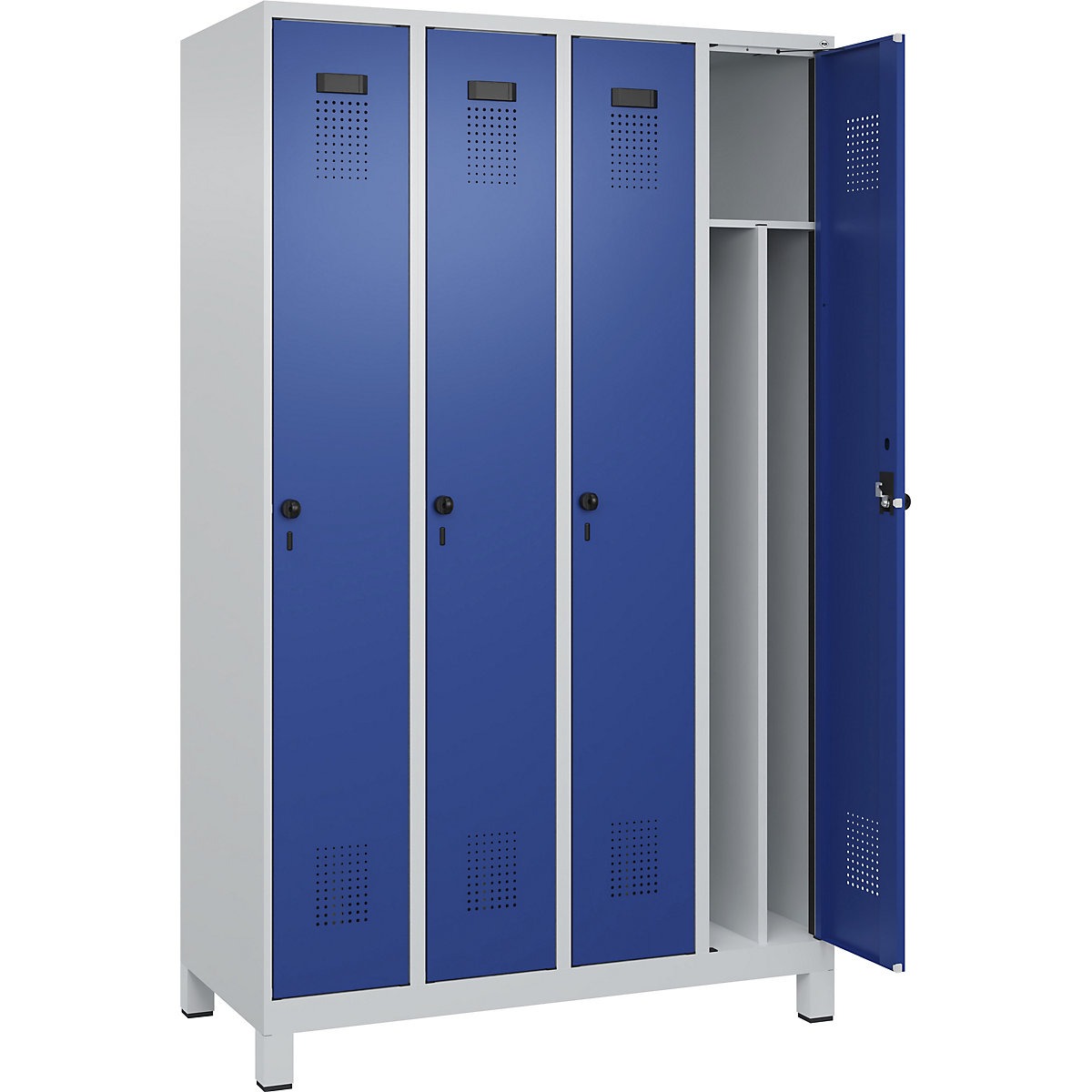 Evolo PLUS öltözőszekrény utcai és munkaruházat tárolásához, keskeny, 4 fülke, rövidített válaszfal, világosszürke / enciánkék, szé 1200 mm, széles lábakkal, biztonsági forgóretesszel-48