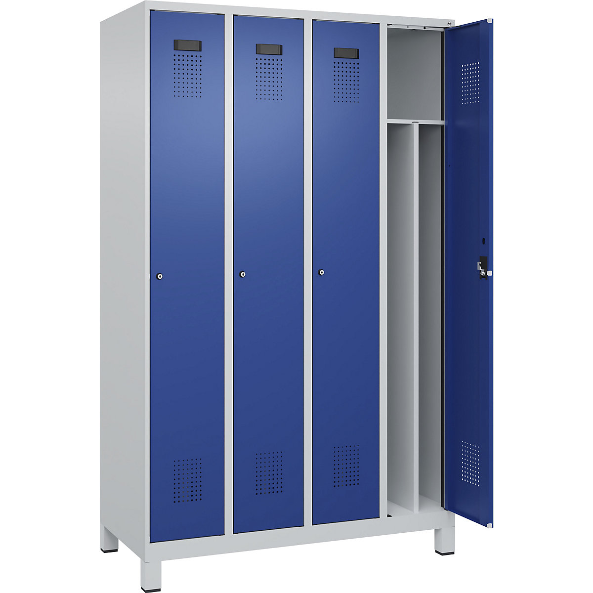 Evolo PLUS öltözőszekrény utcai és munkaruházat tárolásához, keskeny, 4 fülke, rövidített válaszfal, világosszürke / enciánkék, szé 1200 mm, széles lábakkal, hengerzárral-1