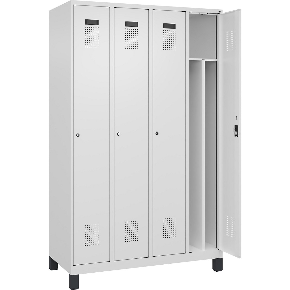 Evolo PLUS öltözőszekrény utcai és munkaruházat tárolásához, keskeny, 4 fülke, rövidített válaszfal, fehér, szé 1200 mm, széles lábakkal, hengerzárral-195