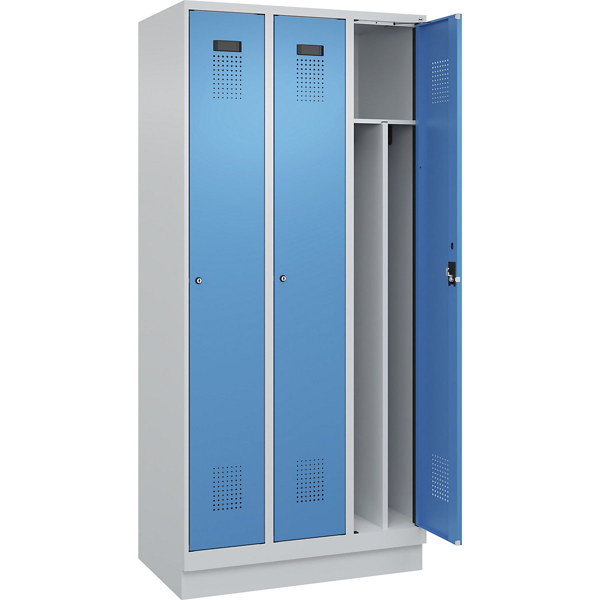 Evolo PLUS öltözőszekrény utcai és munkaruházat tárolásához, keskeny, 3 fülke, rövidített válaszfal, világosszürke / világoskék, szé 900 mm, lábazattal, hengerzárral-92