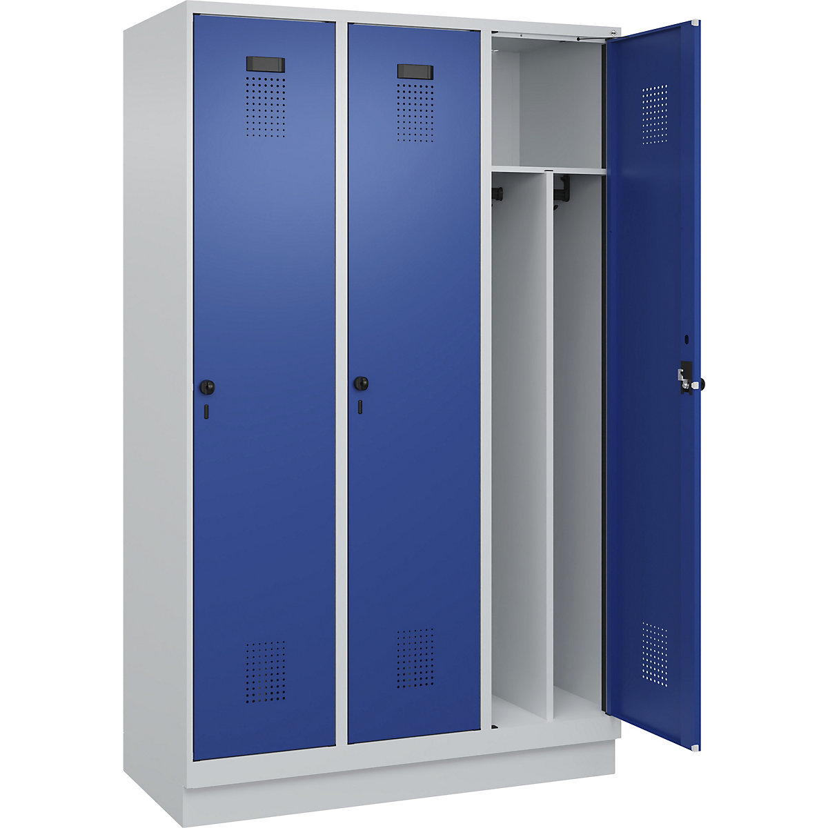 Evolo PLUS öltözőszekrény utcai és munkaruházat tárolásához, keskeny, 3 fülke, rövidített válaszfal, világosszürke / enciánkék, szé 1200 mm, lábazattal, biztonsági forgóretesszel-54