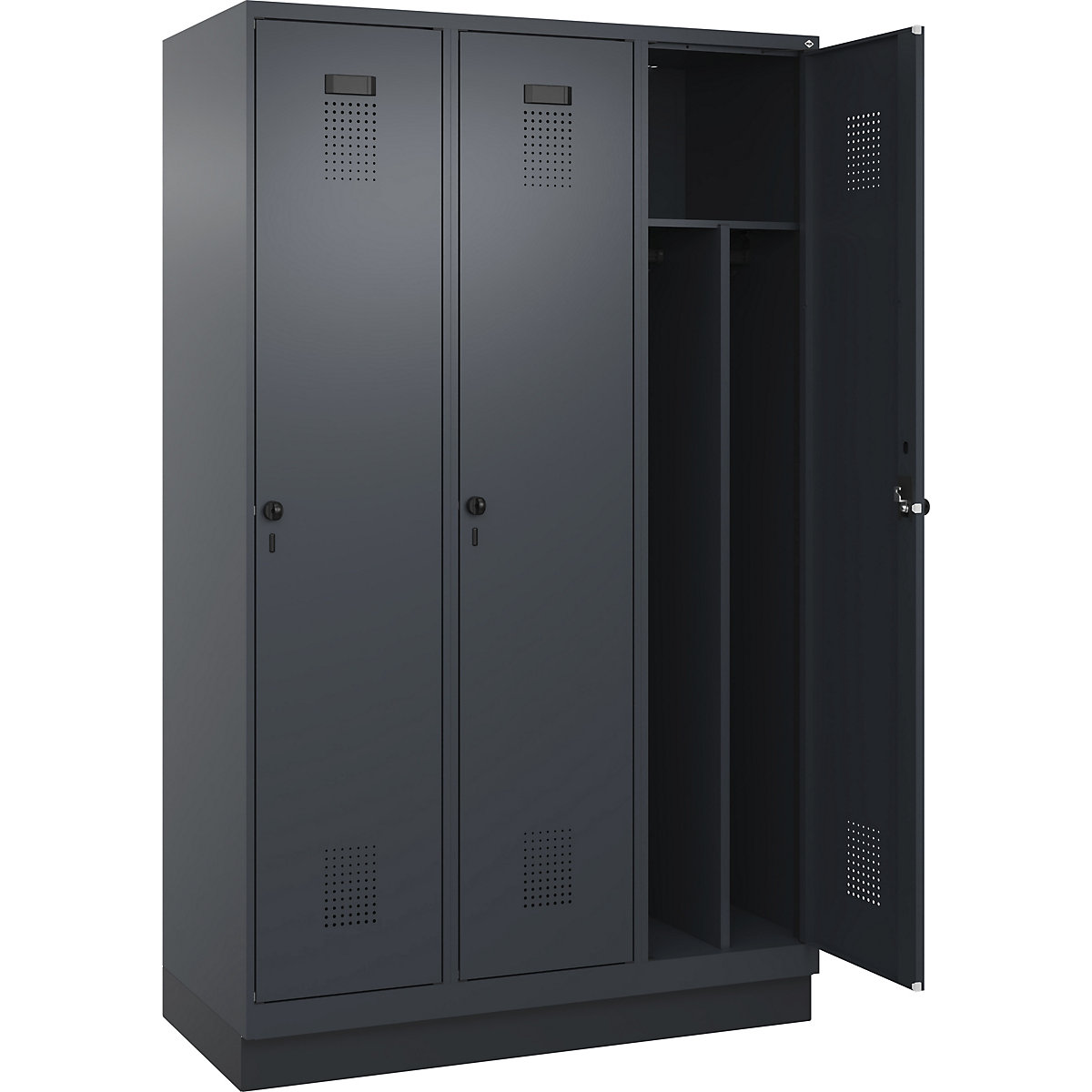 Evolo PLUS öltözőszekrény utcai és munkaruházat tárolásához, keskeny, 3 fülke, rövidített válaszfal, szürke, szé 1200 mm, lábazattal, biztonsági forgóretesszel-76