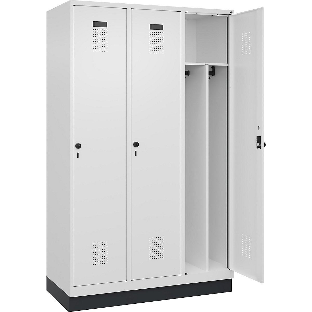 Evolo PLUS öltözőszekrény utcai és munkaruházat tárolásához, keskeny, 3 fülke, rövidített válaszfal, fehér, szé 1200 mm, lábazattal, biztonsági forgóretesszel-17