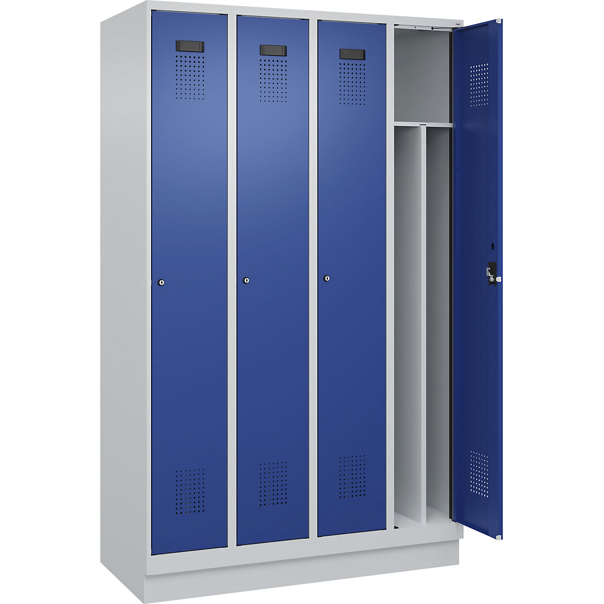 Evolo PLUS öltözőszekrény utcai és munkaruházat tárolásához, keskeny, 4 fülke, rövidített válaszfal, világosszürke / enciánkék, szé 1200 mm, lábazattal, hengerzárral-106