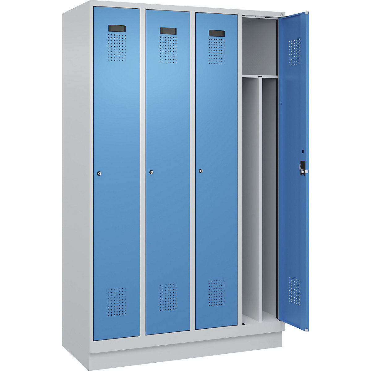 Evolo PLUS öltözőszekrény utcai és munkaruházat tárolásához, keskeny, 4 fülke, rövidített válaszfal, világosszürke / világoskék, szé 1200 mm, lábazattal, hengerzárral-150
