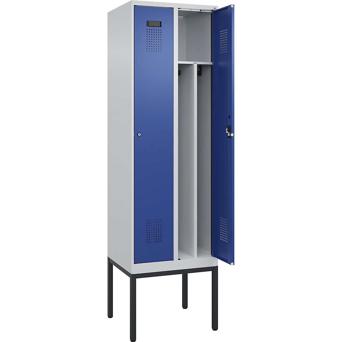 Evolo PLUS öltözőszekrény utcai és munkaruházat tárolásához, keskeny, 2 fülke, rövidített válaszfal, világosszürke / enciánkék, szé 600 mm, keskeny lábakkal, hengerzárral-190