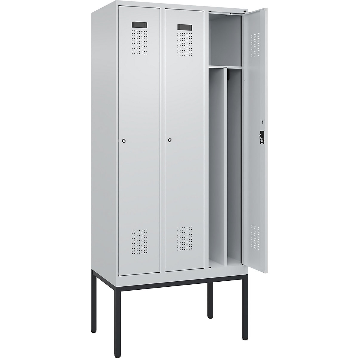 Evolo PLUS öltözőszekrény utcai és munkaruházat tárolásához, keskeny, 3 fülke, rövidített válaszfal, világosszürke, szé 900 mm, keskeny lábakkal, hengerzárral-162