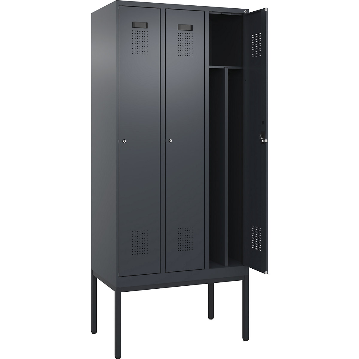 Evolo PLUS öltözőszekrény utcai és munkaruházat tárolásához, keskeny, 3 fülke, rövidített válaszfal, szürke, szé 900 mm, keskeny lábakkal, hengerzárral-4