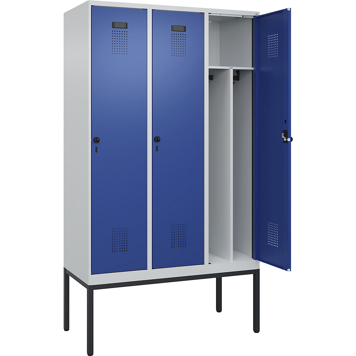 Evolo PLUS öltözőszekrény utcai és munkaruházat tárolásához, keskeny, 3 fülke, rövidített válaszfal, világosszürke / enciánkék, szé 1200 mm, keskeny lábakkal, biztonsági forgóretesszel-168