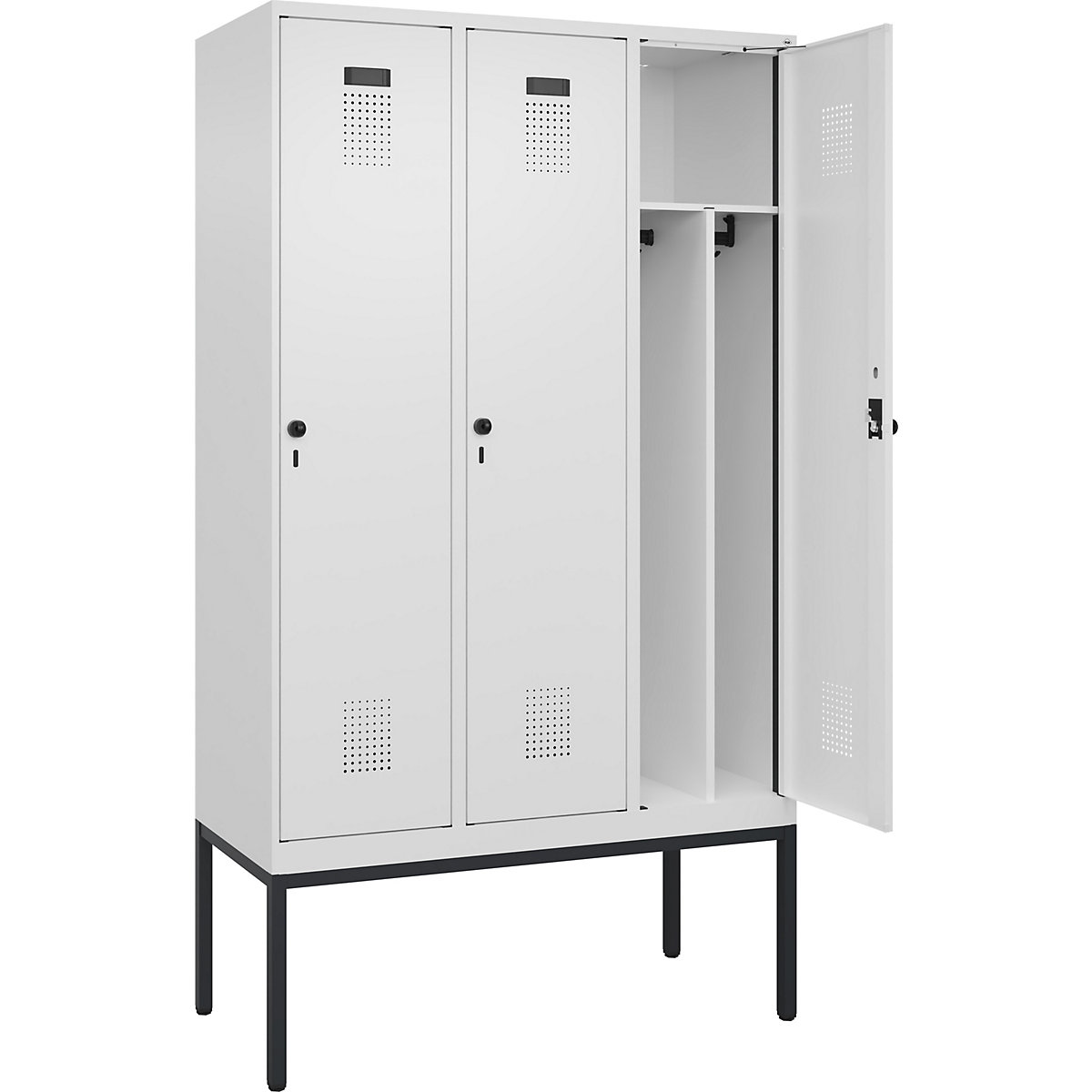 Evolo PLUS öltözőszekrény utcai és munkaruházat tárolásához, keskeny, 3 fülke, rövidített válaszfal, fehér, szé 1200 mm, keskeny lábakkal, biztonsági forgóretesszel-178