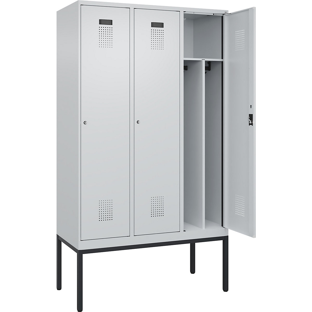 Evolo PLUS öltözőszekrény utcai és munkaruházat tárolásához, keskeny, 3 fülke, rövidített válaszfal, világosszürke, szé 1200 mm, keskeny lábakkal, hengerzárral-155