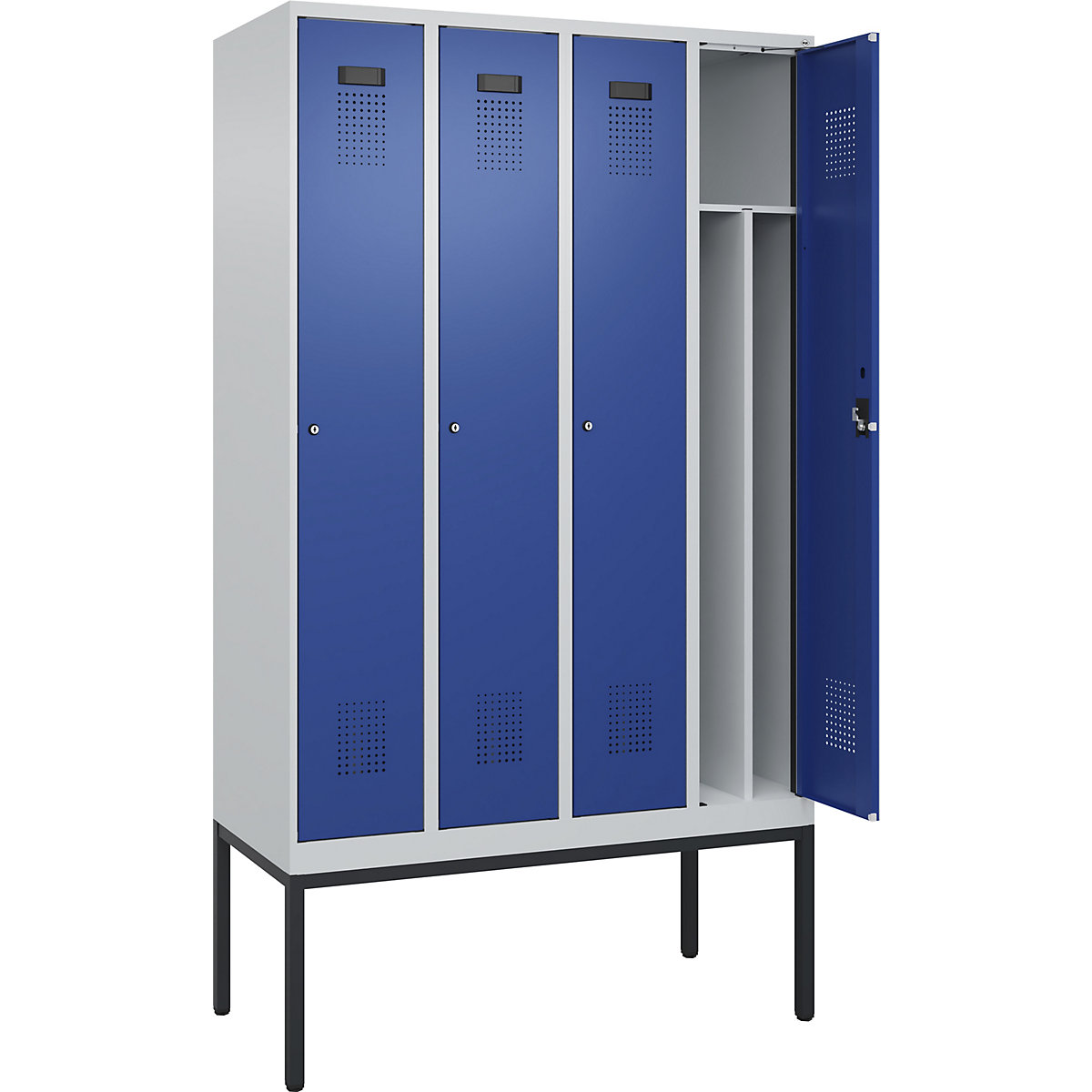 Evolo PLUS öltözőszekrény utcai és munkaruházat tárolásához, keskeny, 4 fülke, rövidített válaszfal, világosszürke / enciánkék, szé 1200 mm, keskeny lábakkal, hengerzárral-147