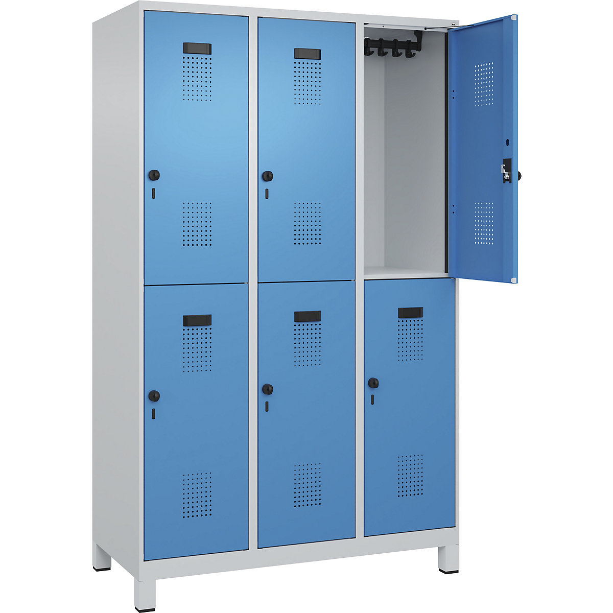 Evolo PLUS kétszintes öltözőszekrény – C+P, 3 fülke, világosszürke / világoskék, szé 1200 mm, széles lábakkal, forgóretesszel-193