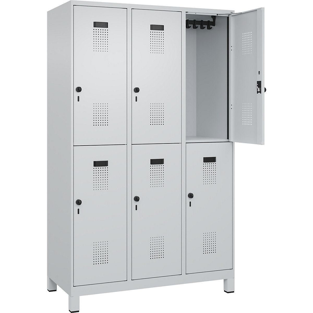Evolo PLUS kétszintes öltözőszekrény – C+P, 3 fülke, világosszürke, szé 1200 mm, széles lábakkal, forgóretesszel-144