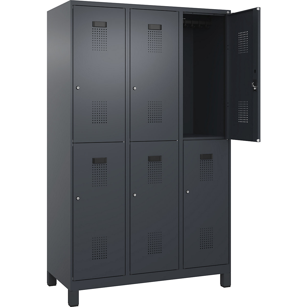 Evolo PLUS kétszintes öltözőszekrény – C+P, 3 fülke, szürke, szé 1200 mm, széles lábakkal, hengerzárral-37