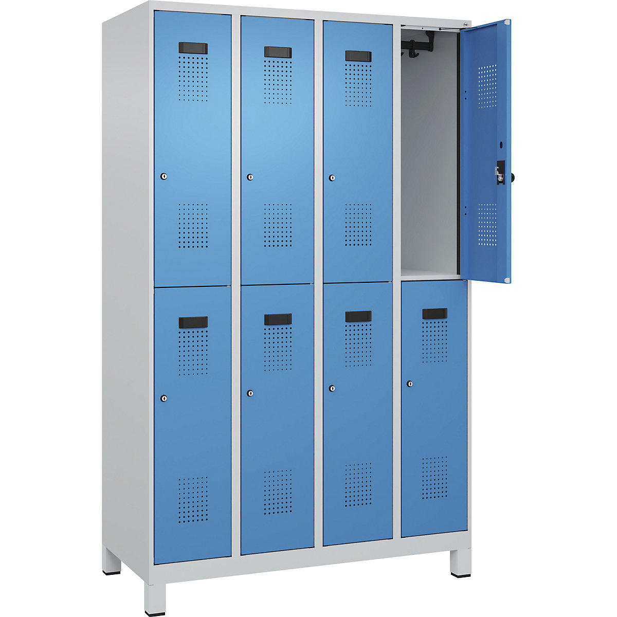 Evolo PLUS kétszintes öltözőszekrény – C+P, 4 fülke, világosszürke / világoskék, szé 1200 mm, széles lábakkal, hengerzárral-133