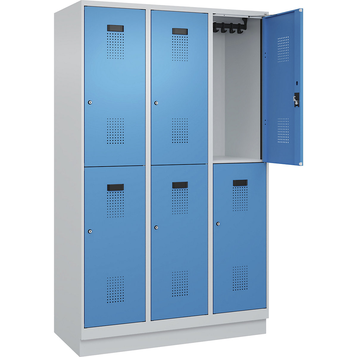 Evolo PLUS kétszintes öltözőszekrény – C+P, 3 fülke, világosszürke / világoskék, szé 1200 mm, lábazattal, hengerzárral-57