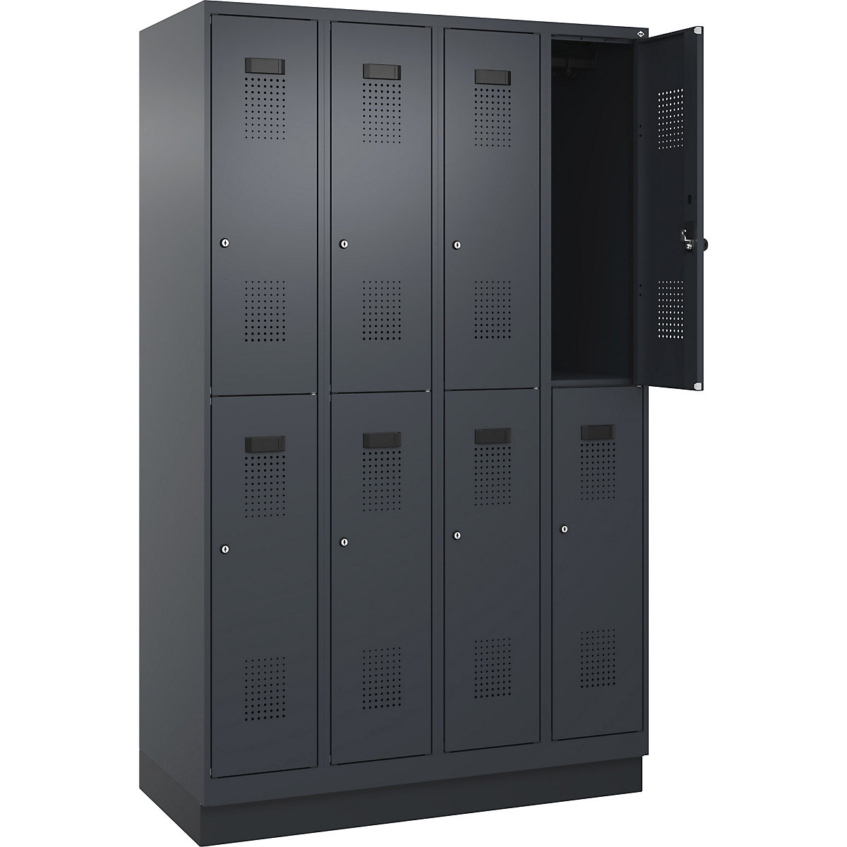 Evolo PLUS kétszintes öltözőszekrény – C+P, 4 fülke, szürke, szé 1200 mm, lábazattal, hengerzárral-46