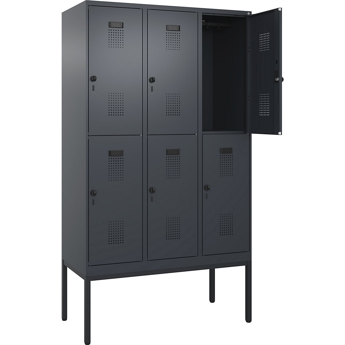 Evolo PLUS kétszintes öltözőszekrény – C+P, 3 fülke, szürke, szé 1200 mm, keskeny lábakkal, forgóretesszel-139